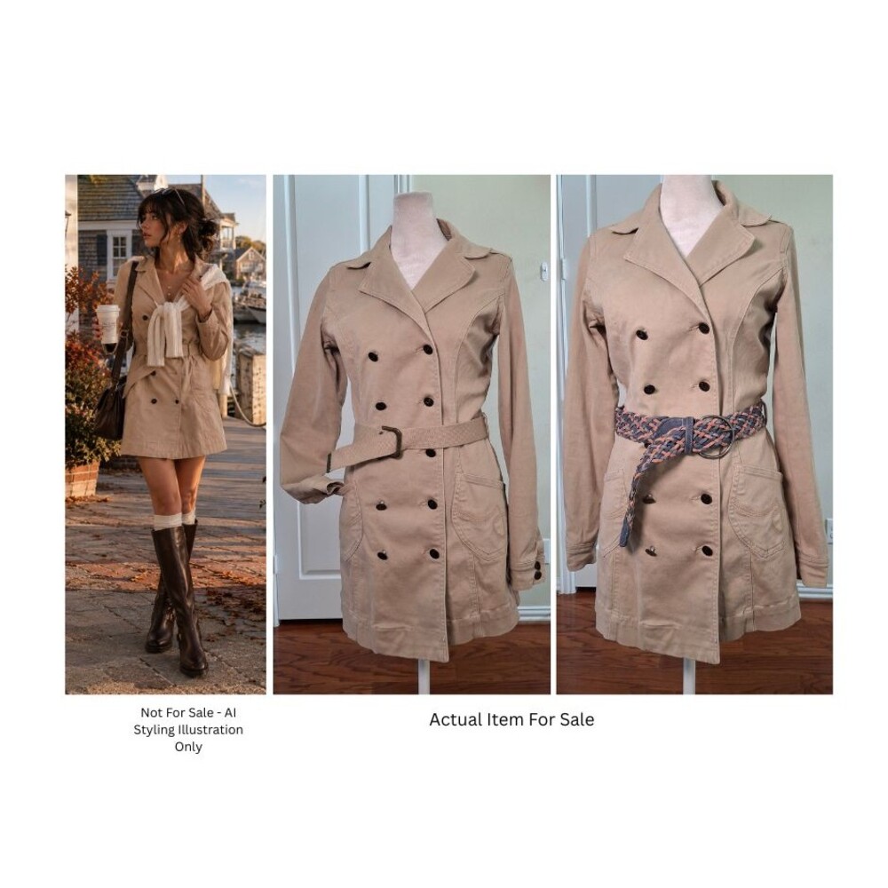JouJou Y2k Denim Trench Coat Dress Beige Women M Embroidered Preppy Academia